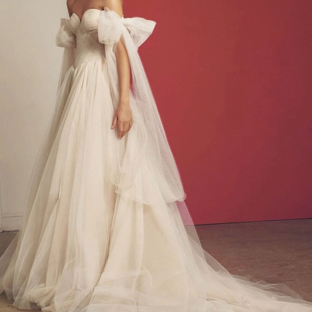 Off-Shoulder Ivory Wedding or Prom Gown with Tulle Sleeves💕